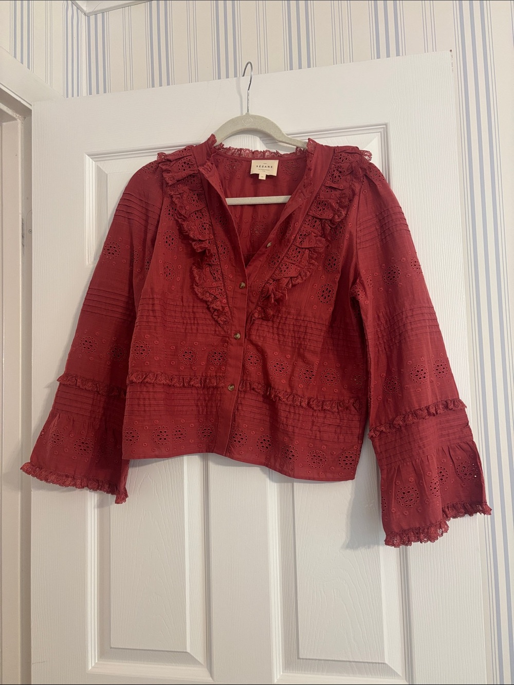 Sezane Crimson Eyelet Ruffle Blouse